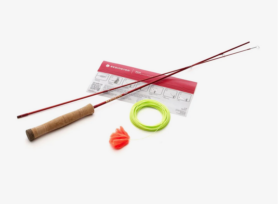 a practice Fishing rod with reel, line, and accessories on a white background