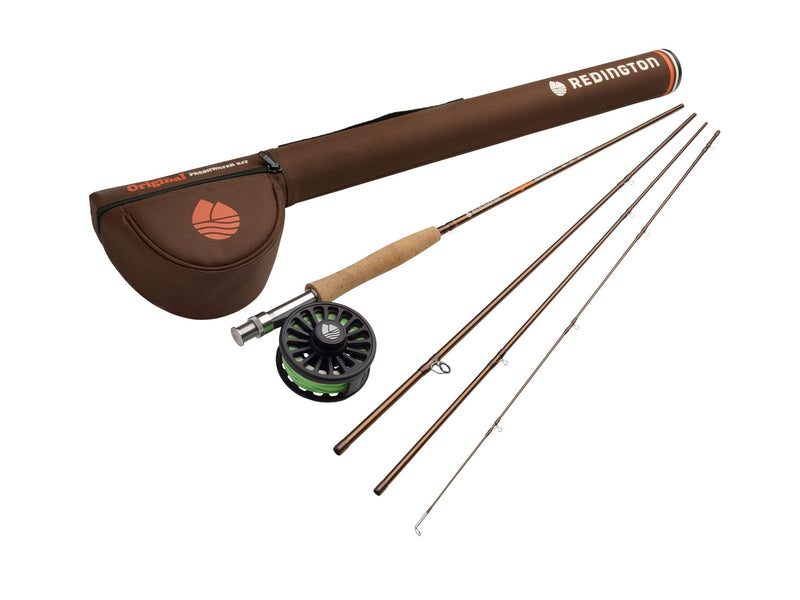 Redington freshwater fly fishing kit with brown rod, reel, and case