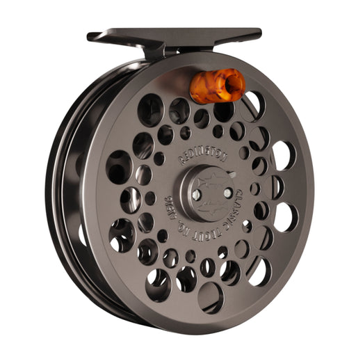 Fly fishing reel with metallic finish on a white background