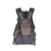Fishpond Ridgeline backpack, gray with orange trim, front pocket and padded straps