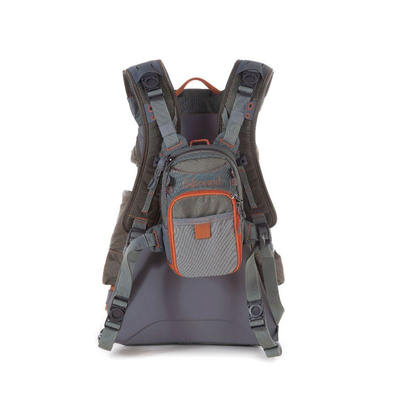 Fishpond Ridgeline backpack, gray with orange trim, front pocket and padded straps