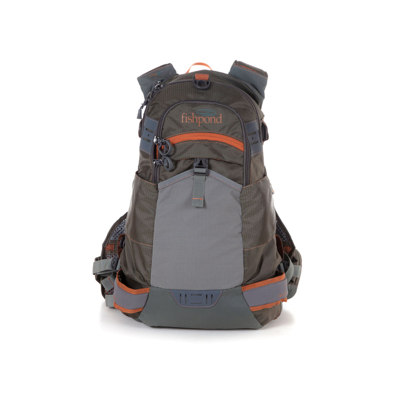 Ridgeline tech pack backpack, dark gray with light gray panel and orange accents