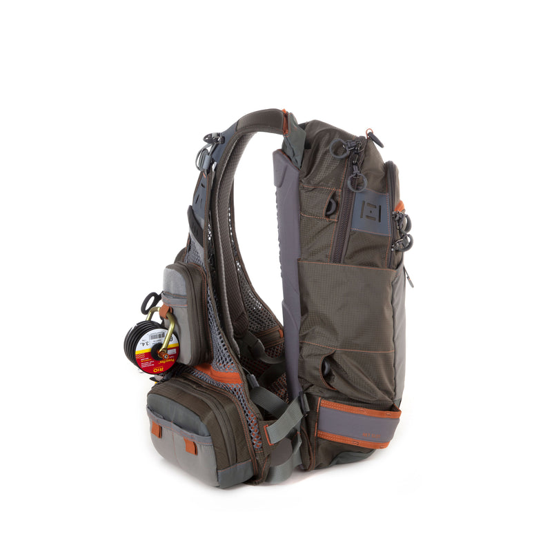 Ridgeline tech pack backpack, dark gray with front pockets and orange trim