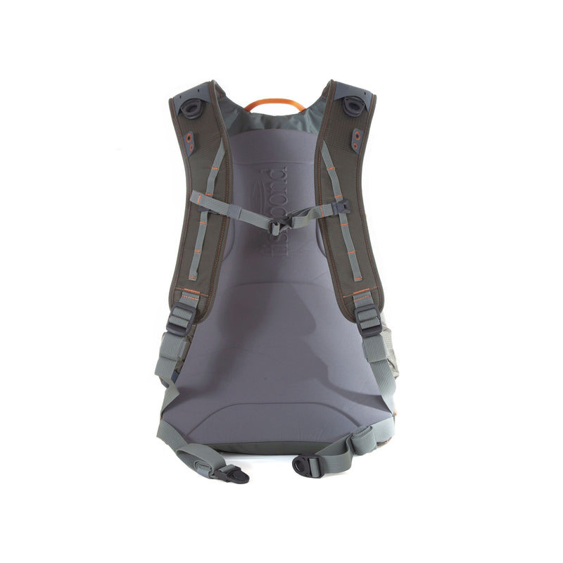 Fishpond Ridgeline backpack back view, gray shell with padded straps and buckles