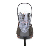 Backpack with rear stand and white mesh panel, gray body and orange trim