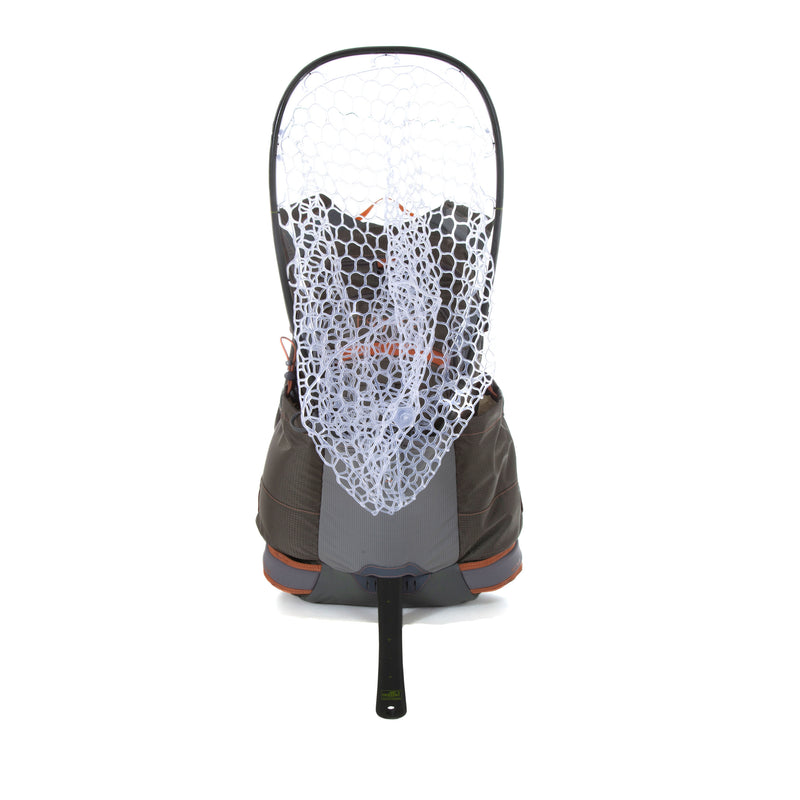 Backpack with rear stand and white mesh panel, gray body and orange trim