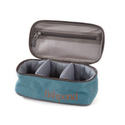 Ripple reel case, open teal body with gray mesh divider and zipper pocket
