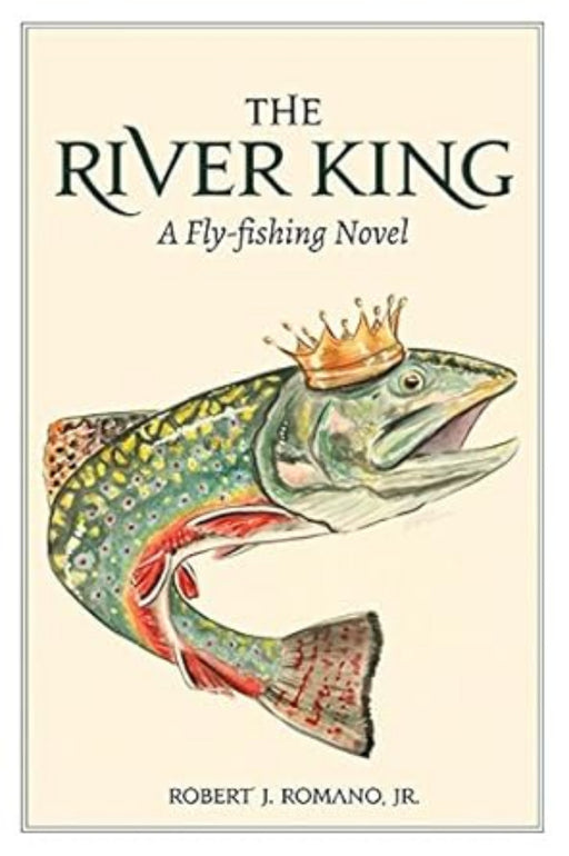 Book cover of 'The River King' with a fish wearing a crown on a beige background