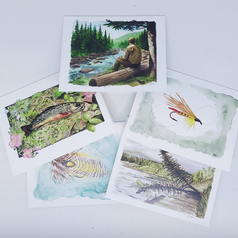 Set of watercolor note cards with river, forest, and floral artwork