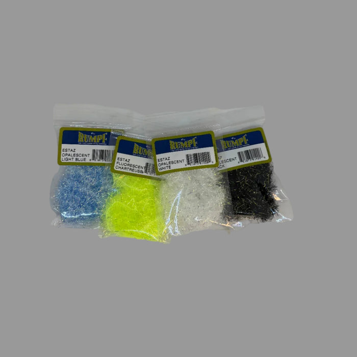 Four different packs of estaz (light blue, fluorescent chartreuse, white and black)