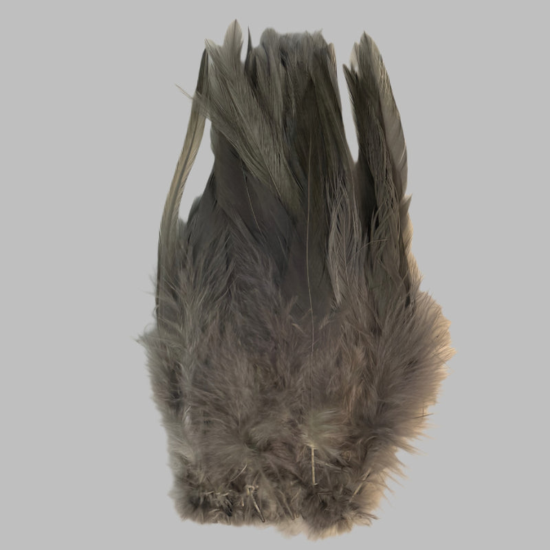 Strung rooster saddle feathers, gray with layered quills and wispy barbs.