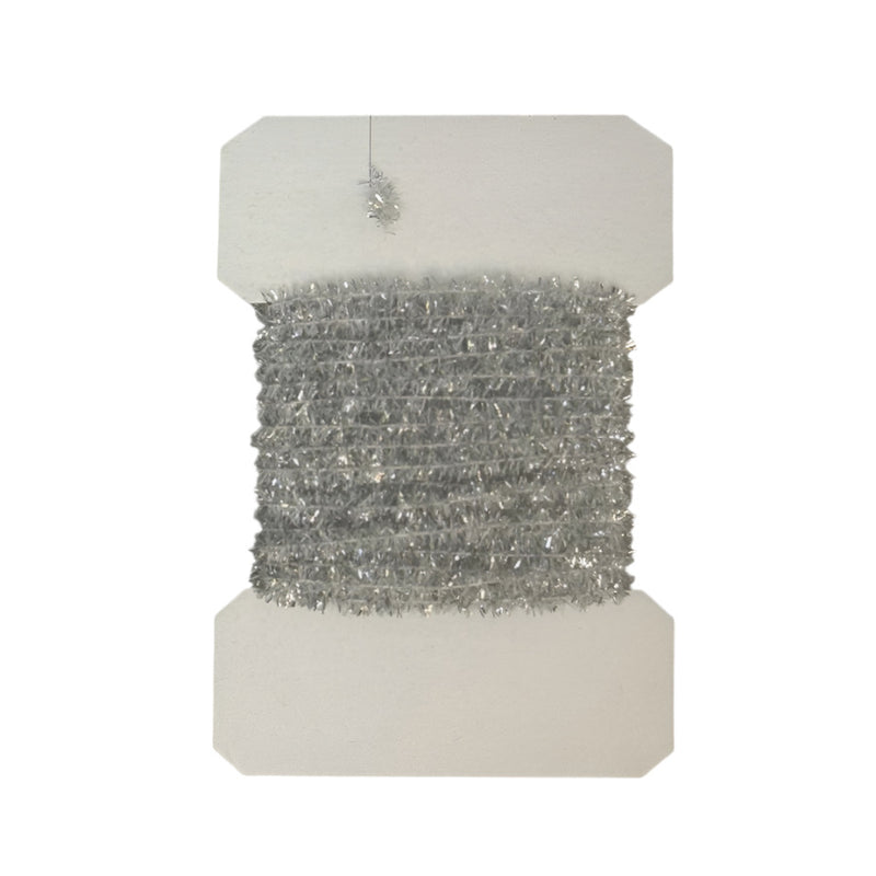 Silver chenille tinsel roll with bright reflective fibers