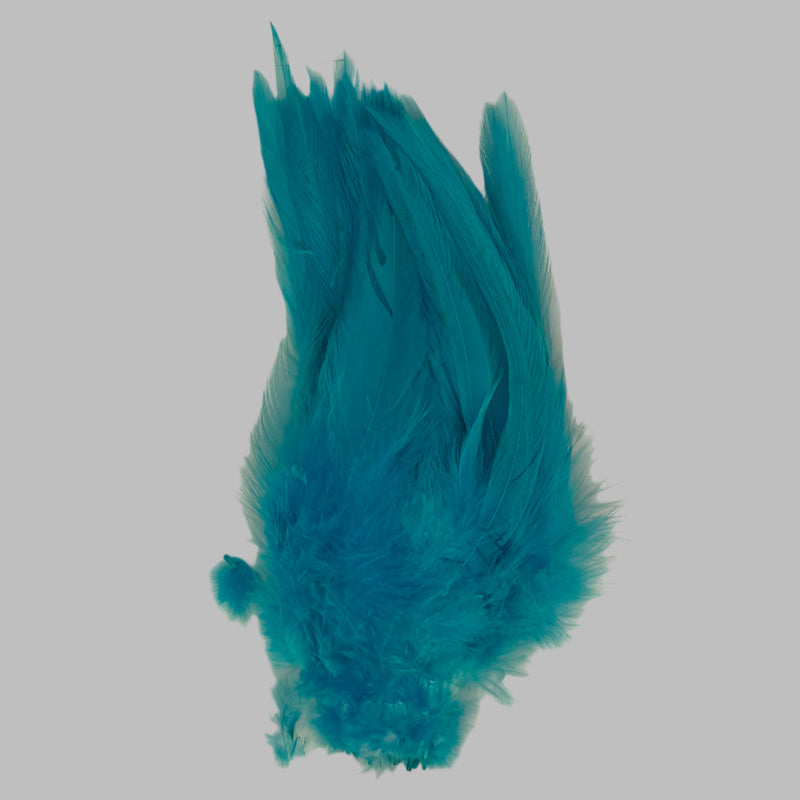 Strung rooster saddle feathers, teal blue with darker tips