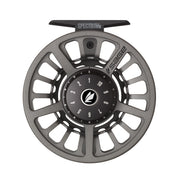 Grey fishing reel spool with numbered dial and lightning logo in center