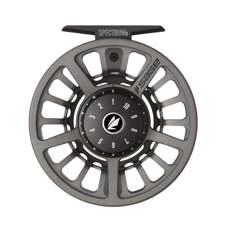 Grey fishing reel spool with numbered dial and lightning logo in center