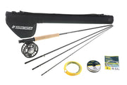 Sage fly fishing outfit with reel, rod, carry bag, yellow fly line, and accessories