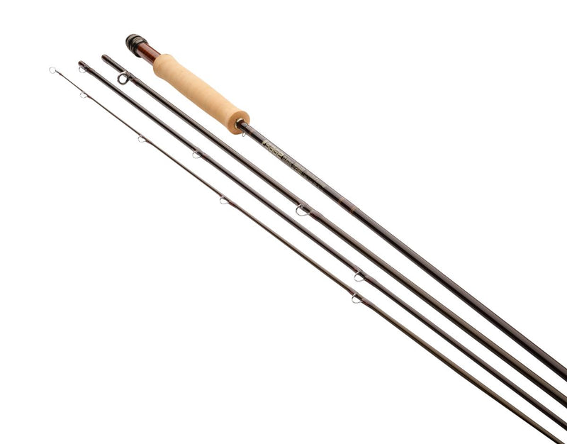 Fly rod with cork handle, black shaft and metal line guides, angled view