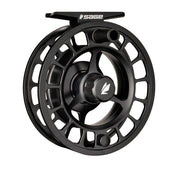 Black fishing reel with open-spoke spool and Sage logo on handle