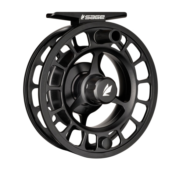 Black fishing reel with open-spoke spool and Sage logo on handle