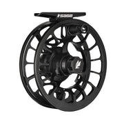 Fly fishing reel, black spool with arched handle, close-up view
