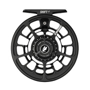 Fly fishing reel, black front plate with circular drag markings and Sage logo
