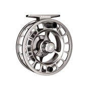 Silver fishing reel with open-spoke spool, black hub, and Sage logo on handle