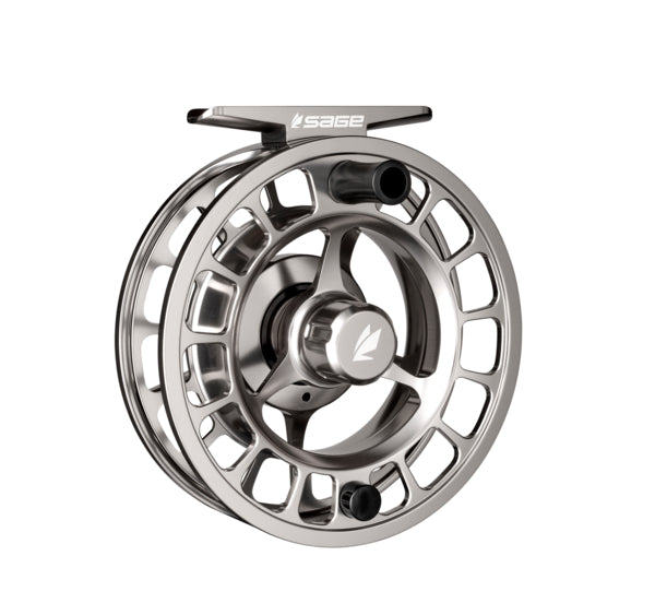 Silver fishing reel with open-spoke spool, black hub, and Sage logo on handle