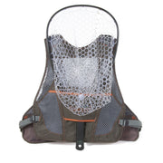 Mesh fishing vest back panel with gray mesh netting and orange trim straps
