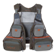 Mesh fishing vest with gray pockets, orange accents, and two front zip compartments