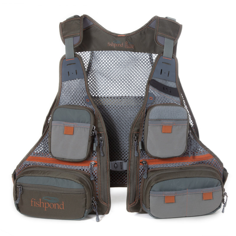 Mesh fishing vest with gray pockets, orange accents, and two front zip compartments