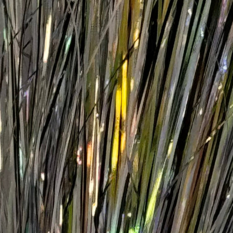 Silver-gray tinsel marabou fringe with gold and green highlights