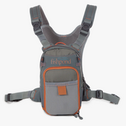 Fishpond chest pack with grey fabric, orange trim, and front organizer pocket