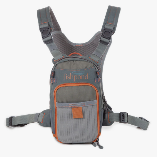 Fishpond chest pack with grey fabric, orange trim, and front organizer pocket