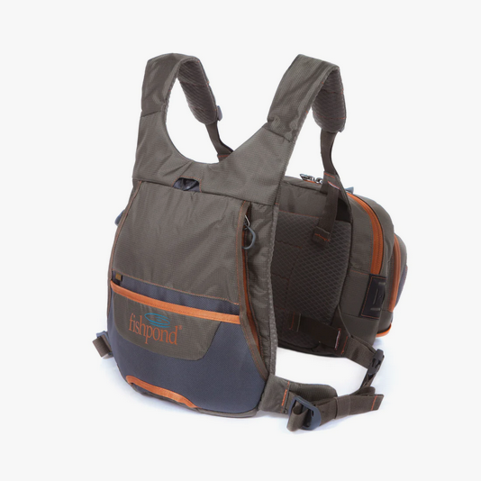 Fishpond chest pack with adjustable shoulder straps, dark gray and orange trim