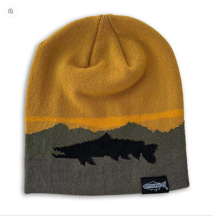 Merino knit hat with mustard top, dark gray bottom, trout graphic stripe, RepYourWaters patch