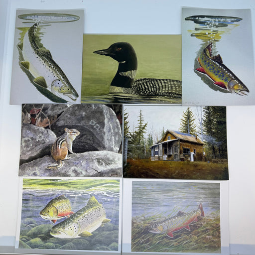 7 cards including various fish, chipmunk, cabin in the woods and loon.