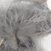 Mini marabou feather trim close-up, light gray-white feathers with soft barbs