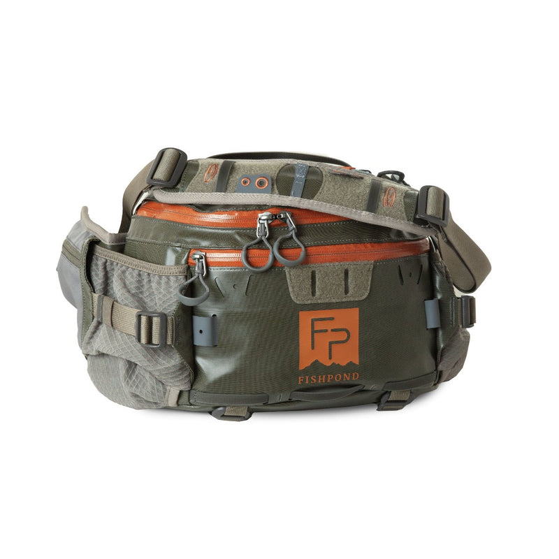 Lumbar pack with olive-gray fabric, orange zip pocket, buckles and straps
