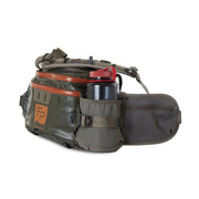 Lumbar pack side view with orange trim, gray pouches, straps and webbing