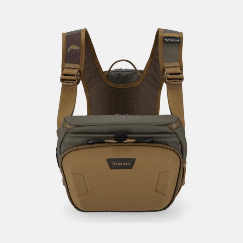 Simms chest pack with front zip pocket, mesh back, adjustable straps