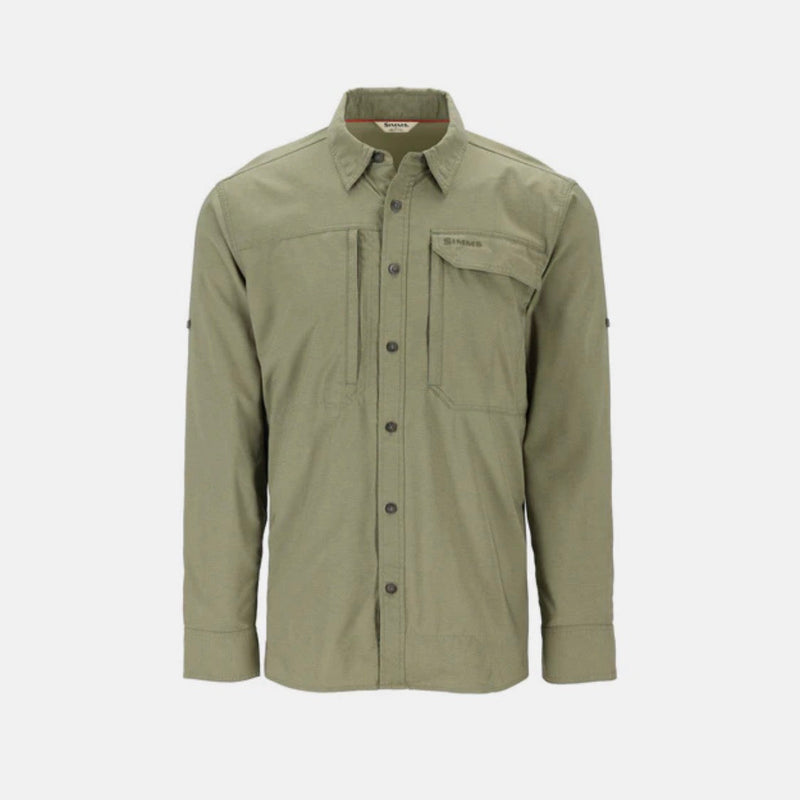 Men's long-sleeve button-up shirt in olive heather, chest pocket, button front
