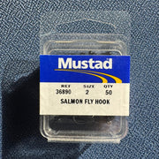 Mustad salmon fly hook in clear plastic box, size 2, qty 50