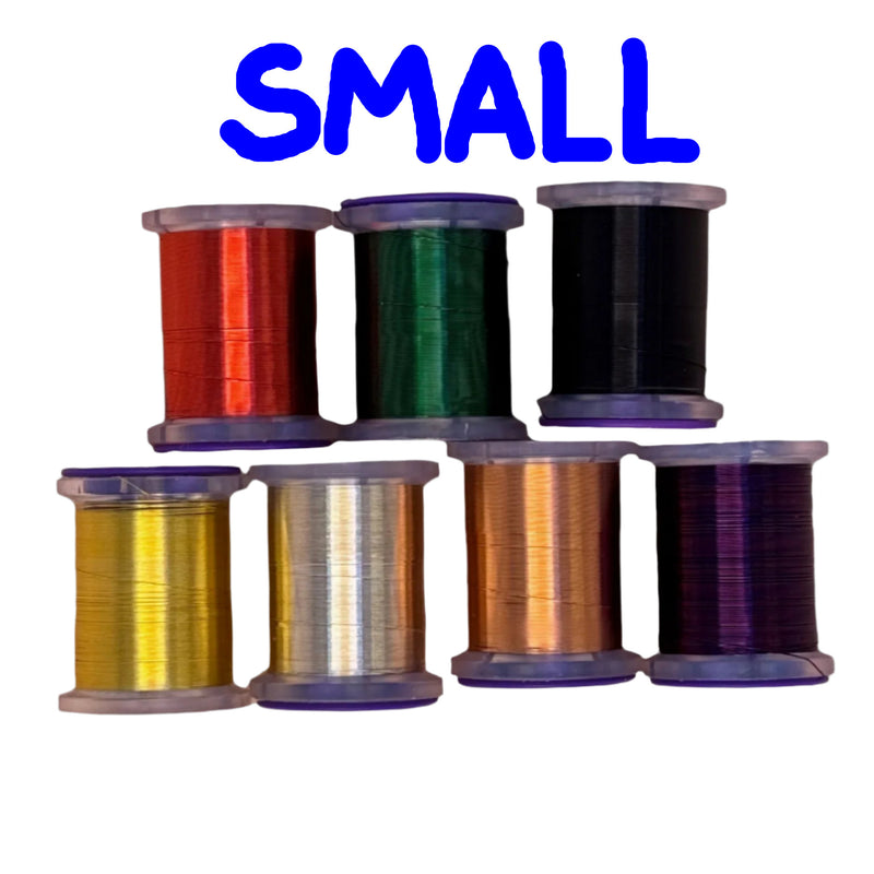 Wire spool set labeled SMALL with red, green, black, gold, bronze, silver spools