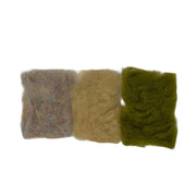 Olive, tan, and dark green Sow-Scud dubbing fibers tuft