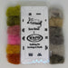 12 patches of color next to their color names around plastic dispenser