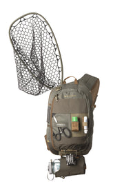 Olive sling pack with mesh net pocket and side organizer compartments