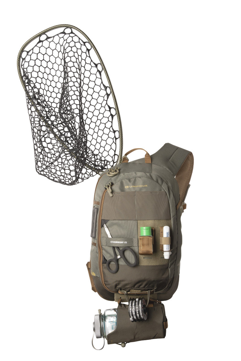 Olive sling pack with mesh net pocket and side organizer compartments