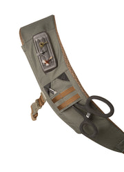 Gray sling pack strap with webbing belt and attachment hardware