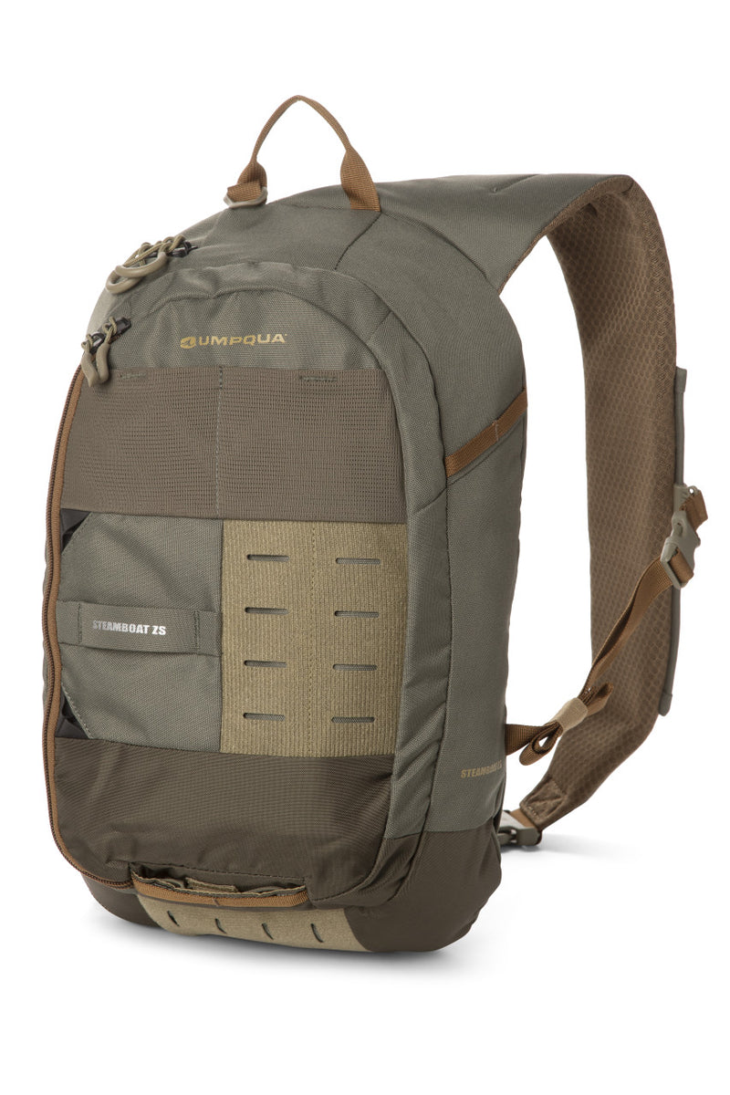 Olive sling pack with front zip pocket and adjustable shoulder strap
