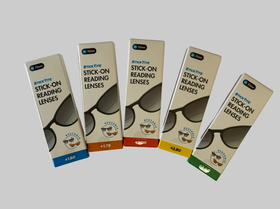 5 packages of different magnification of stick on reading lenses